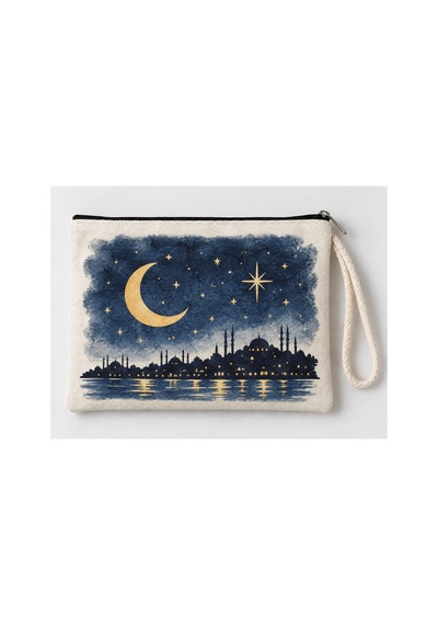 İstanbul Gece Silüeti Baskılı Fermuarlı Makyaj Çantası Bozuk Para Cüzdanı Clutch