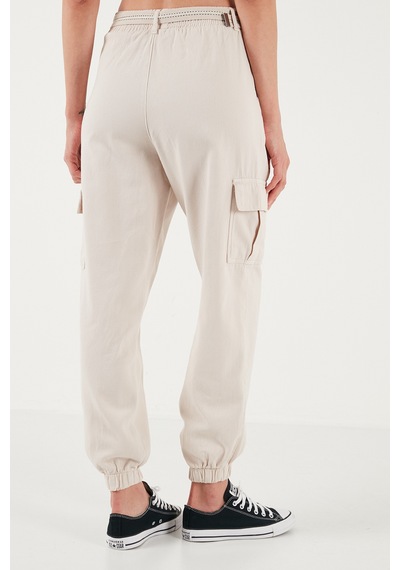 Lela Pamuklu Standart Fit Normal Bel Lastikli Paça Kemerli Jogger Bayan Pantolon 668Yp5045 Taş