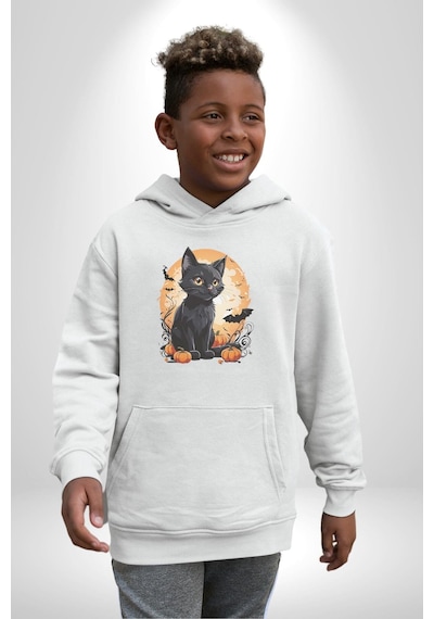 Cadılar Bayramı Kedi Kadın Erkek Beyaz Kapüşonlu Sweatshirt Hoodie Beyaz
