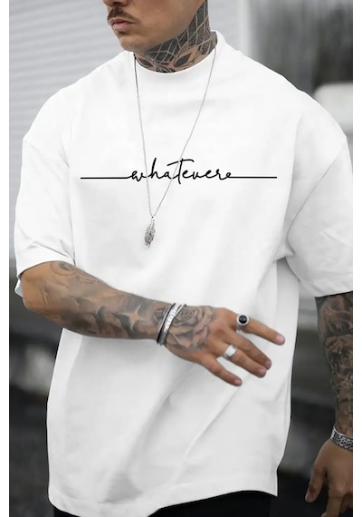 Erkek Whatever Baskılı Oversize Tshirt Beyaz