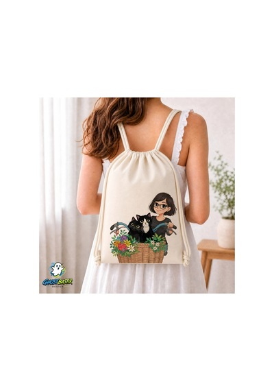 Ghostbastır Design Kedili Büzgülü Keten Çanta C142 Bej