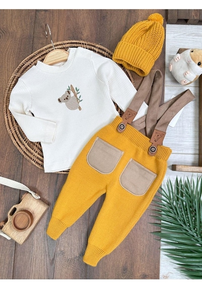 Bebicix Triko Askılı Koala Temalı Kaşkorse Esnek Badili Bereli Unisex Bebek Takım HARDAL