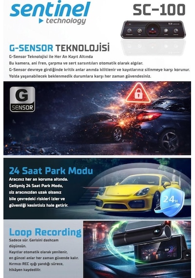 Sentinel Sc-100 2k Ahd Çift Kameralı Araç İçi Dikiz Aynası Kamera Wi-fi, G-sensor, Gece Görüş, Dokunmatik Ekran