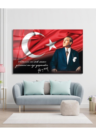 Atatürk Portre Cam Tablo Vatanını En Çok Seven Görevini En İyi Yapandır Kurum Hediyelik Büyük Tablo