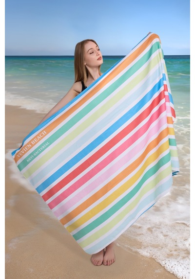 Çizgili Dijital Baskılı 100x180 Cm Plaj Havlusu Plaj Çantası+bon Renkli