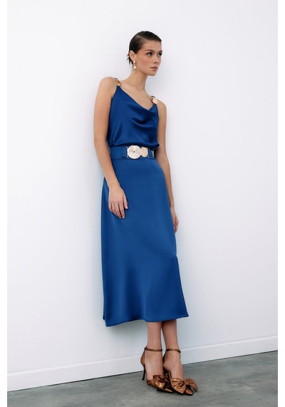 Sateen Kemer Aksesuarlı Kloş Etek - Lacivert-135073 Lacivert