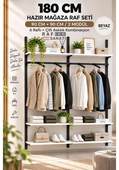 180 Cm Duvar Raf Askılık Sistemi 6 Raflı 2 Modül 200 Cm Konik Dikme Hazır Set Beyaz