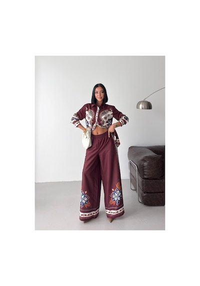 Wellway İthal Chokellaa Kumaş Çiçekli Tunik Gömlek & Pantolon 2li Takım-bordo -26123 Bordo