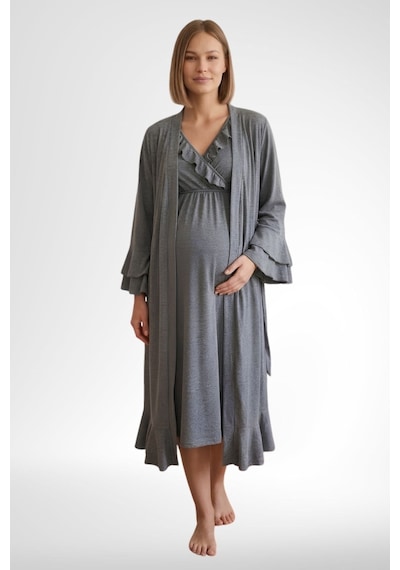 Mecit Pijama Mecit 6404 Füme Hamile Lohusa Sabahlıklı Gecelik Takım