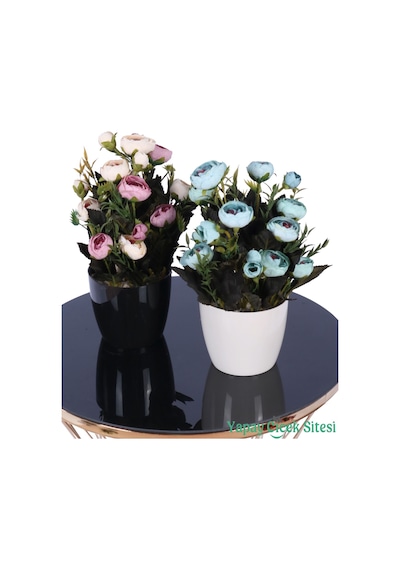 Yapay Çiçek Sitesi Plastik Saksıda Yapay Tomurcuklu Ranunkulus Tanzimi 2'li Set 30 Cm Pembe Krem - Turkuaz