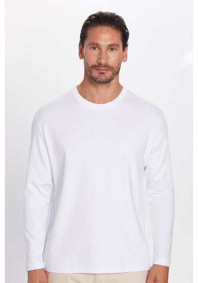 Tudors Unisex Relax Fit Rahat Kesim %100 Pamuk Uzun Kollu Bisiklet Yaka Beyaz Basic Tişört-32653 Beyaz