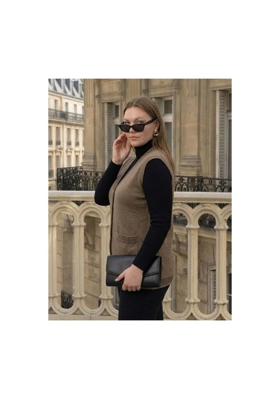 Onno Style Women Bantı Hasır Desenli Çelik Örgü Klasik Triko Yelek Bej