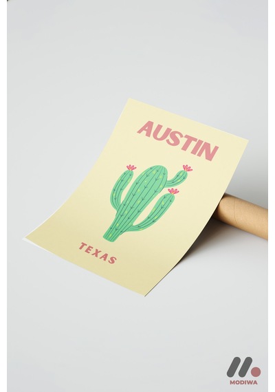 Austin Teksas Kaktüs Posteri, Çerçevesiz Yüksek Kalite Duvar Afişi - Seyahat Severlere Hediye