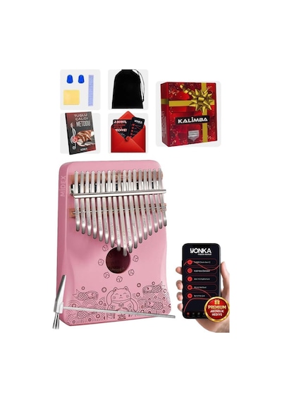Midex KLX - 350 Pembe Kalimba Gerçek Ağaç 17 Tuşlu Full Set