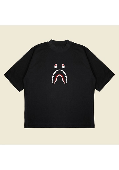 Startmore Bathing Ape Shark Baskılı Oversize Unisex Pamuklu Nefes Alan Kalın Kumaşlı Siyah
