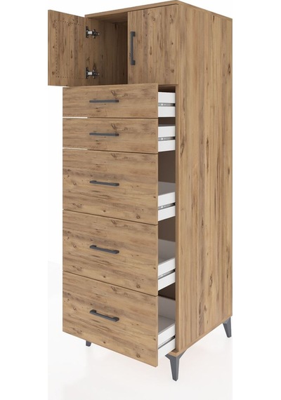Kronos Dolap Tek Raflı 5 Çekmeceli 2 Kapaklı 60x59x182 Çam-çam Çam