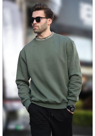 Madmext Haki Bisiklet Yaka Şardonlu Erkek Sweatshirt 7047-haki Haki