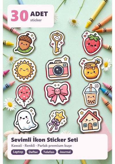 30 Adet Sevimli Karakter Sticker Seti Boba Çayı, Yağmurlu Bulut, Uykulu Hilal - Laptop Defter Ajanda İçin Renkli Çok Renkli