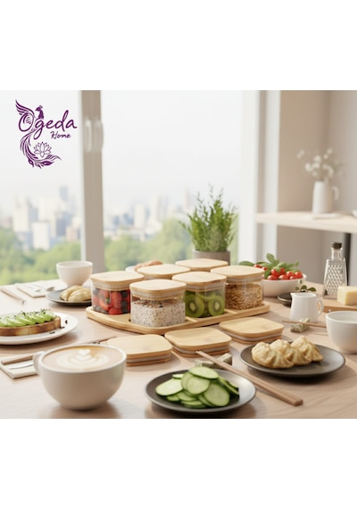 6 Lı Kare Cam Saklama Kabı Seti Bambu Kapaklı 240 Ml Kavanoz Kahvaltılık & Çerezlik Seti Açık Kahverengi