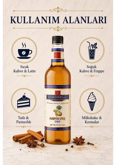 Simonelli Pumpkin Spice Bal Kabaklı Baharat Aromalı Kahve ve Kokteyl Şurubu 700 ML + Şurup Pompası - Pumpkin Spice Latte Frappe ve Sıcak Soğuk Kahve Şurubu