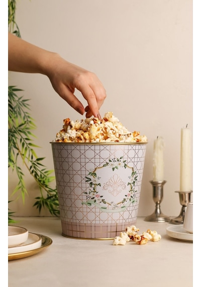 Metal Popcorn Kutusu - Patlamış Mısır Kovası 13.5 Cm, Rosy Er149-u7 Desenli