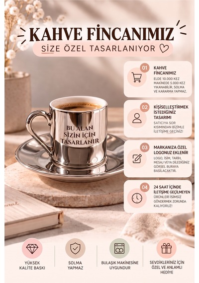 Premium Silver Tekli Türk Kahvesi Fincanı 2 Parça Kişiye Özel Tasarım Fotoğraf Logo İsim Baskılı Gümüş Ve Silver