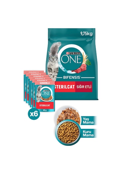 Purina One Sterilcat Sığır Eti Buğday Kısırlaştırılmış Kedi Maması 9750 G + Somonlu Kısırlaştırılmış Kedi Maması 6 x 85 G