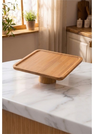 Ayaklı Kare Bambu Sunumluk 28x28 Cm Dekoratif Sunum Standı Pasta Standı Kahvaltılık Meyvelik Servis Tabağı Bej Bej