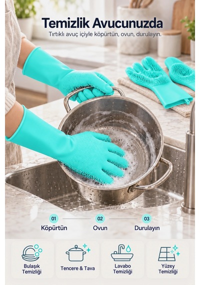 Tilbe Home Silikon Eldiven Bulaşık Yıkama Eldiveni Dayanıklı Kaymaz Tırtıklı Eldiven Fırın Mutfak El