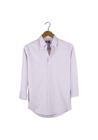 Erkek Lila Kalın Dik Çizgili Uzun Kollu Slim Fit Gömlek Lila
