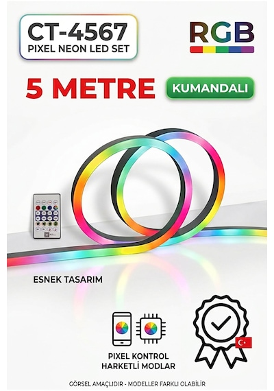 Ct-4567 Pixel Neon Led Set 5 Metre - Rgb Kumandalı Esnek Şerit Led Çok Renkli Rgb