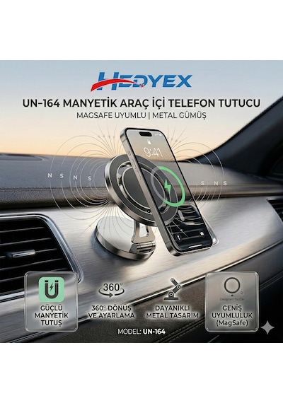 Hedyex Un-164 Manyetik Araç İçi Telefon Tutucu Magsafe Uyumlu Metal Gümüş