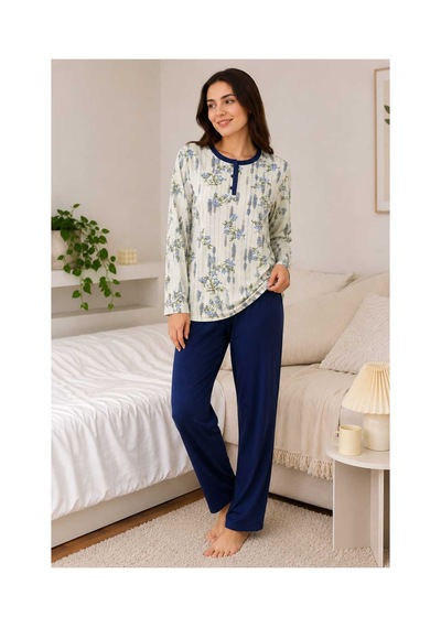 Tenra Rahat Kalıp Çiçek Desenli Kadın Pijama Takımı %100 Pamuk Lacivert