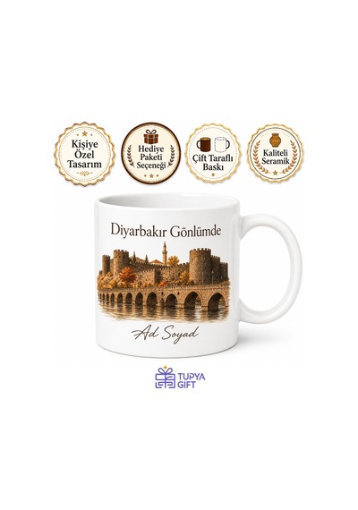 Diyarbakır Şehir Ruhu Baskılı Kupa Bardak Hediye Özel Tasarım Porselen Mug Beyaz / Çok Renkli