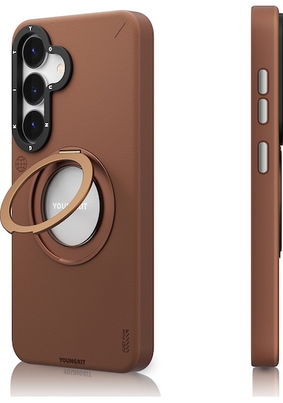 Galaxy S25 Kılıf Magsafe Uyumlu 360 Standlı Mat Deri Youngkit Tech Leather Kapak Kahverengi