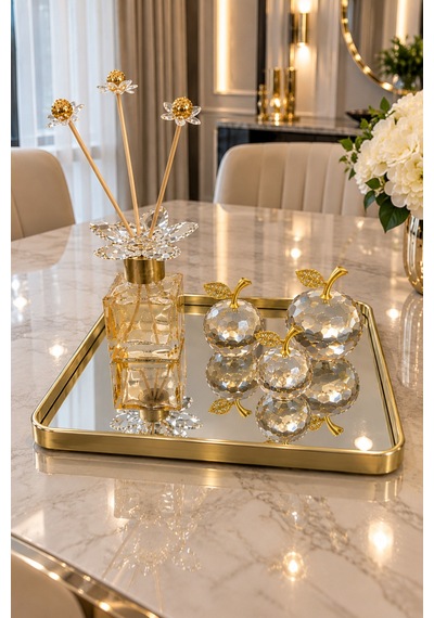 Dekoratif Modern Kare Gold Tepsi 3lü Gold Kristal Cam Elma Seti Ve Koku Şişesi Ev Süs Eşyası Altın