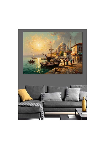 Deniz Kıyısında Cami Ve Gemiler Yağlı Boya Dokulu Kanvas Tablo Canvas Tablosu