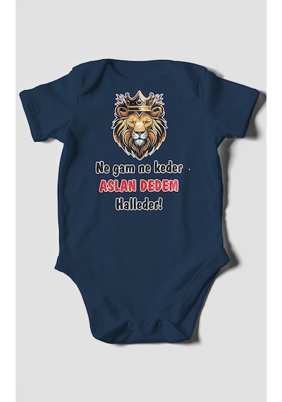 Ne Gam Ne Keder Aslan Dedem Halleder Baskılı Bebek Zıbını Çıtçıtlı Body %100 Pamuk Kısa Kol Lacivert
