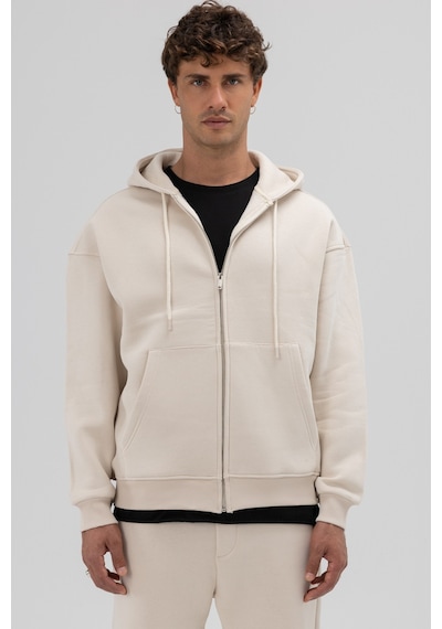 Vamos Basic Fermuarlı Oversize Kapüşonlu Sweatshirt Taş