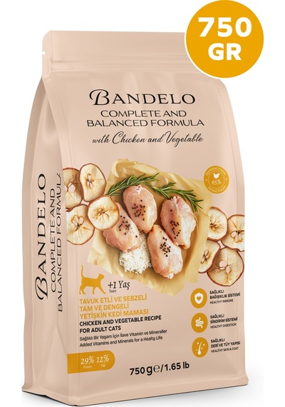 Bandelo Tavuklu Sebzeli Yetişkin Kuru Kedi Maması 750gr - Parlak Tüy Ve Koku Önleyici Etkili