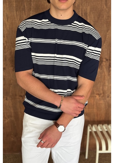 Erkek Bisiklet Yaka Oversize Çizgili Triko T-shirt Lacivert