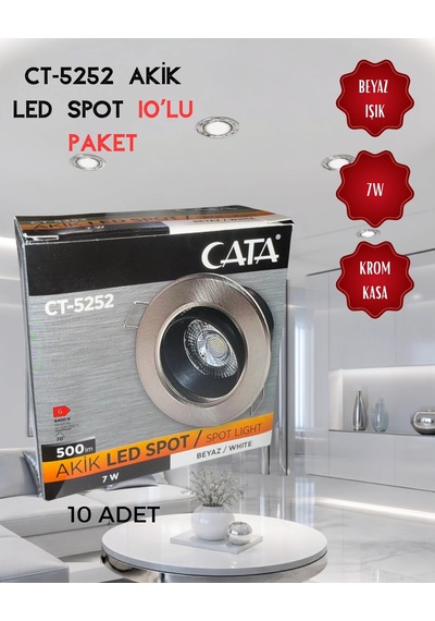 Cata Ct-5252 Akik Led Spot 7w Beyaz Işık - 10 Lu Paket Saten - Krom
