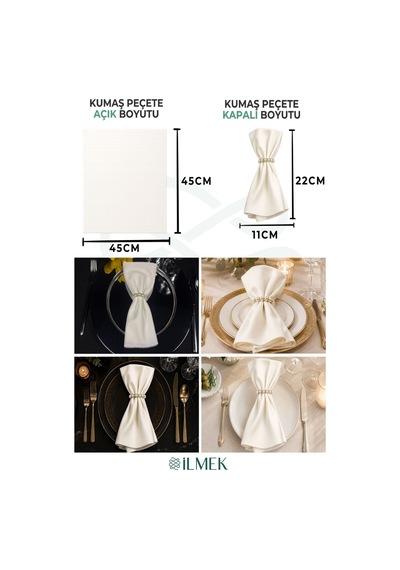 Kumaş Peçete 50'li Paket Peçete Halka Hediyeli Tam 100 Parça Kırık Beyaz Kırık Beyaz
