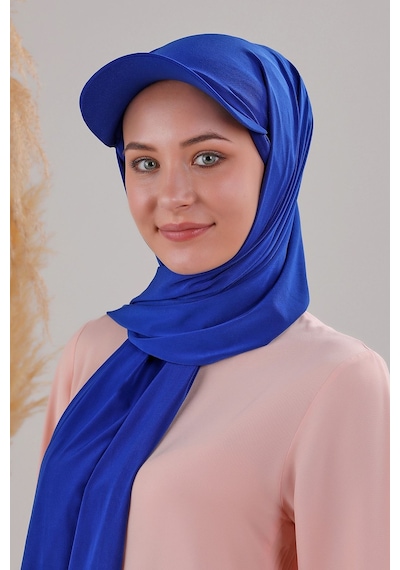 Melodi Scarf Kadın Tesettür Şapkalı Boneli Hazır Şal Saks Mavisi Saks Mavisi