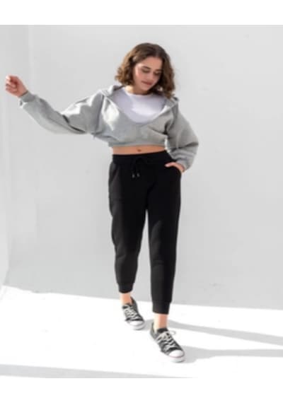 Kadın Kapüşonlu V Yaka Crop Kalın İçi Polarlı Örme Sweatshirt Gri