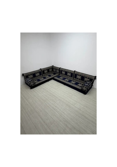 Yıldız Modeli Lacivert Otantik Şark Köşesi Takımı L Set - Geleneksel Yer Minderi Seti 10 Cm Minder Kalınlığı 9 Parça