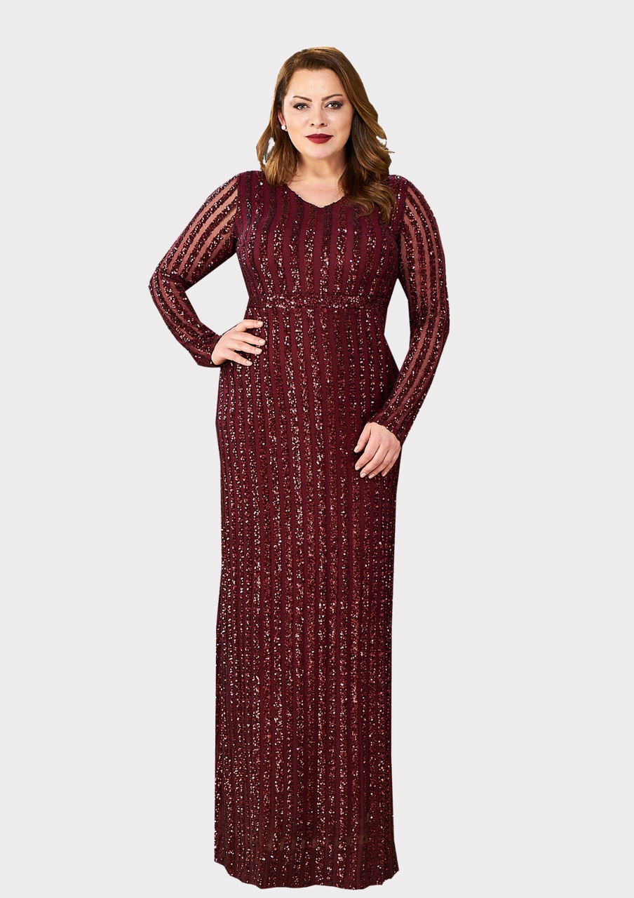 Lilas Xxl Büyük Beden Bordo Renkli Payetli Likralı Uzun Abiye Bordo