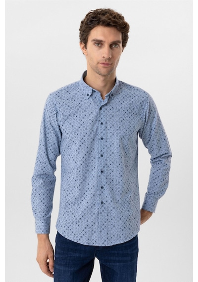 Süvari Mavi Slim Fit Düz Düğmeli Yaka Gömlek-34234 Mavi
