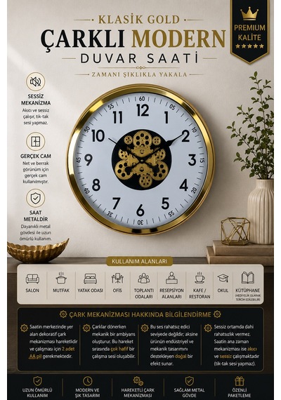 Klasik Gold 60 Cm Çarklı Duvar Saati