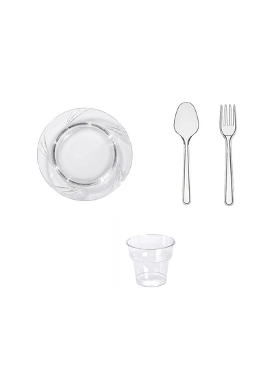 Omeyva 26 Cm. Şeffaf Plastik Sorfa Piknik Seti - 48 Kişilik Tabak Bardak Çatal Kaşık Takımı